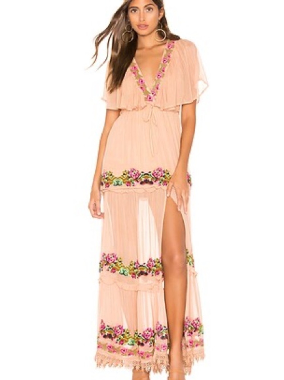 Tularosa Peach Maxi Dress with Floral Embroidery